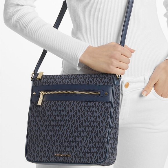 MICHAEL KORS Jet Set Signature Logo Print Woven Crossbody Navy Bag AUTHENTIC NWT - Picture 5 of 5